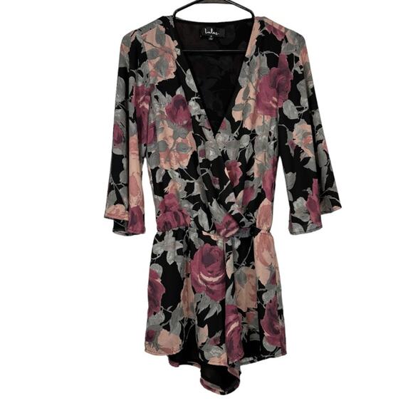 Lulus What’s Bloomin Bell Sleeve Black, Pink & Gray Floral‎ Romper Size S - Picture 3 of 13